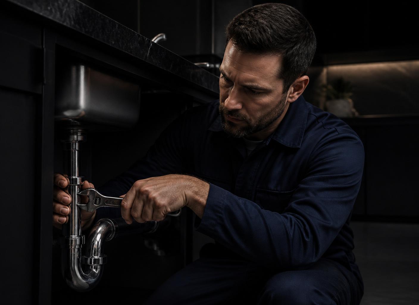 Professional plumber repairing a sink pipe